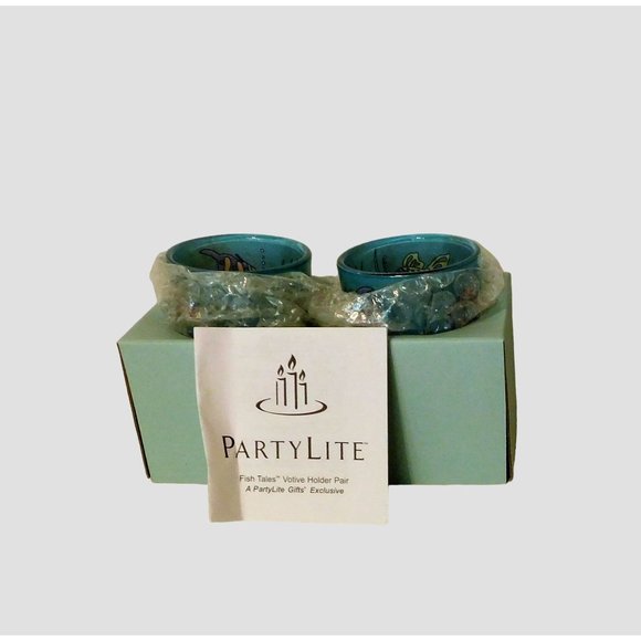 Party Lite Candle Votive Cups Fish Tales Set of 2 Boxed Multicolor 2.75 In. Tall - Picture 2 of 12
